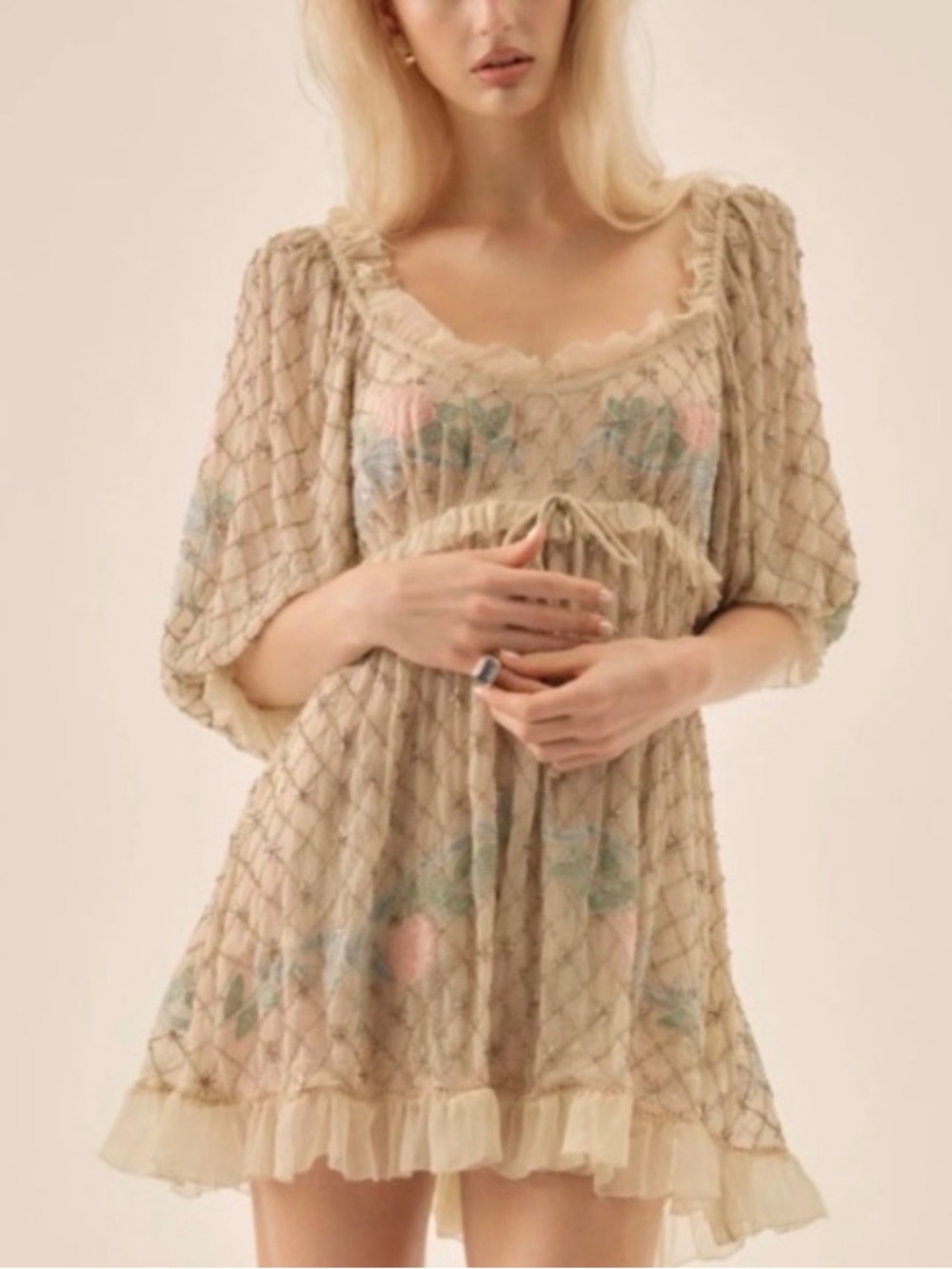 NWT For Love And Lemons Spellbound Rose Mini Dress in Cream Sz Small